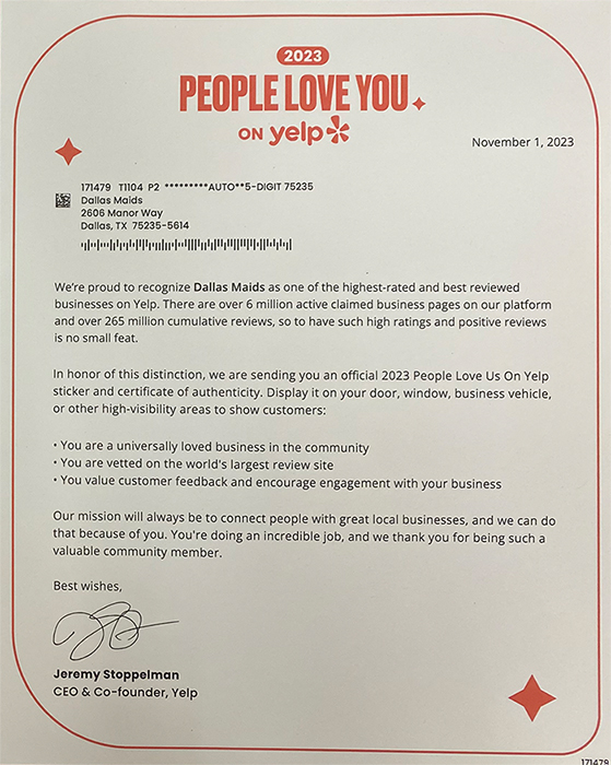 Dallas Maids - People on Yelp Loves Us - Full Letter 